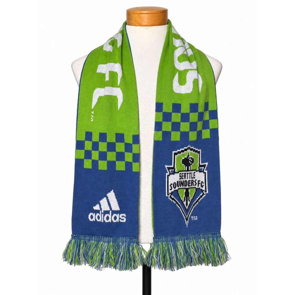 Adidas MLS Seattle Sounders FC Reversible Soccer Scarf Blue Green Knit Fringe